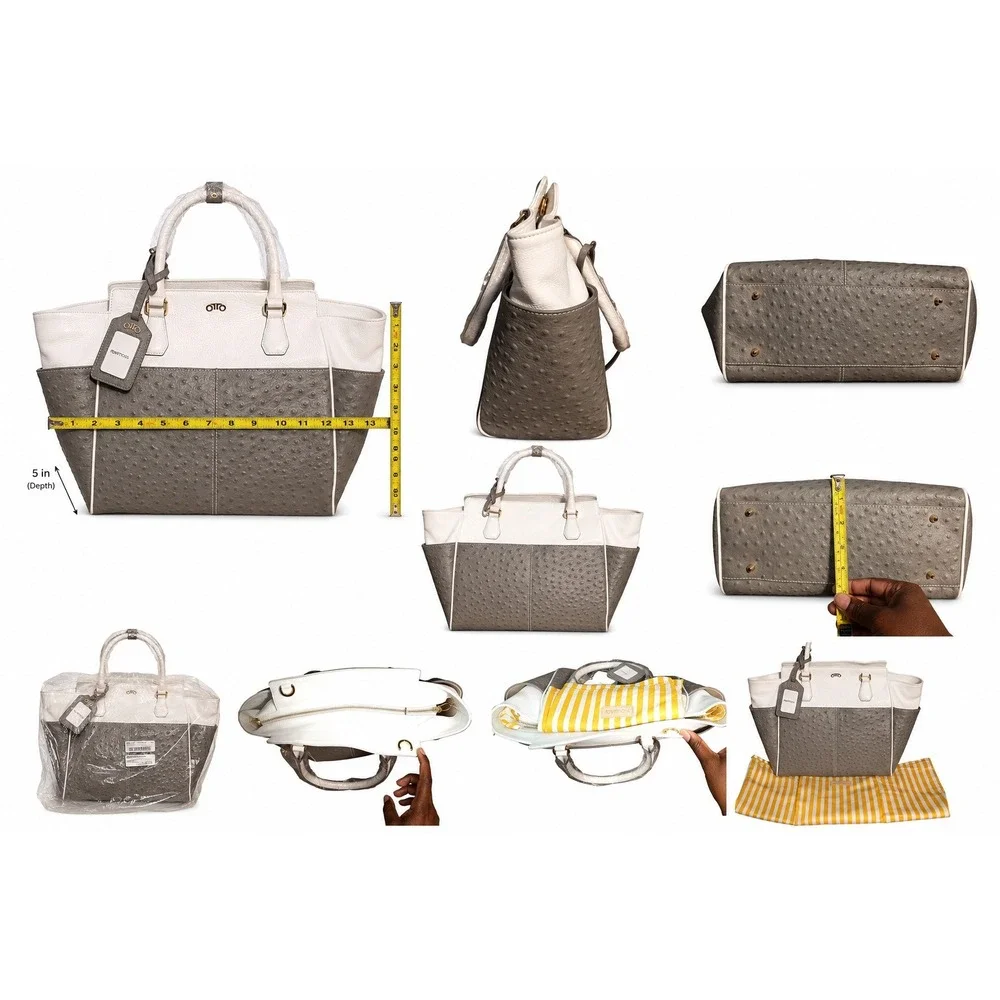 RoviMoss Girlfriend Satchel Grey White Ostrich Embossed Leather Handbag